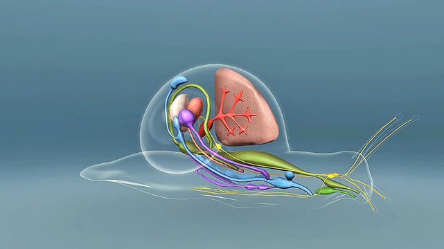 3D animation showing internal organs of Roman snail with digestive, respiratory, and reproductive systems.