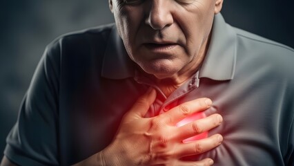 Heart attack symptoms and cardiovascular disease prevention. Medical emergency healthcare. Senior man holding chest in pain while suffering from acute cardiac arrest