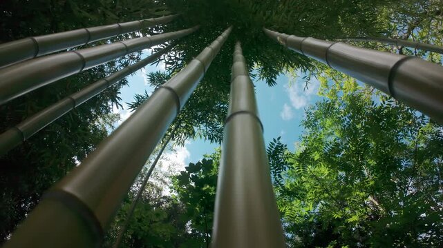 Bottom-up view the camera moves up along the trunks of bamboo to the crown against a blue sky
