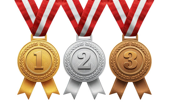 Gold, silver, and bronze medals with red and white ribbons, symbolizing sport achievement, success, and competition