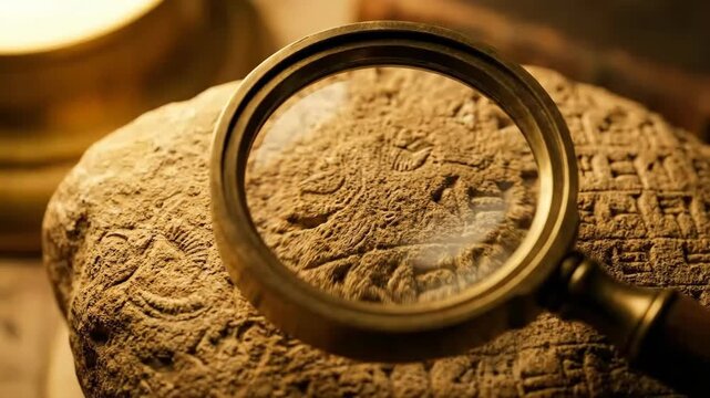 Close Up Magnifying Glass Examining Ancient Cuneiform Script on Stone Tablet