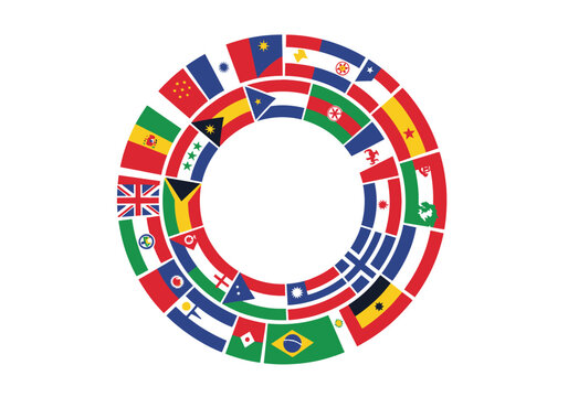 Circular arrangement of world flags forming a ring on white