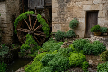Fototapeta premium Old stone water mill featuring a large wooden wheel surrounded by lush greenery in a serene countryside setting