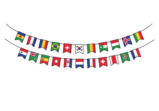 Two strings of international country flags bunting against a white background