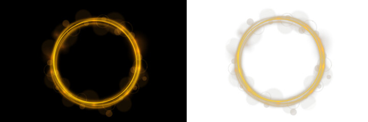 Shimmering golden circle with bright glow effect. Floating sparkles add magic and elegance. Transparent PNG decoration for festive posters and luxury compositions. © Little Monster 2070