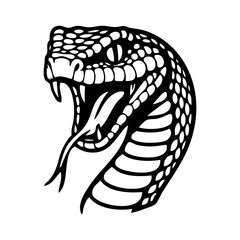 Dibujo sencillo con líneas de la cabeza de una serpiente enojada, con la boca abierta, enseñando los colmillos y la lengua bífida © teracreonte