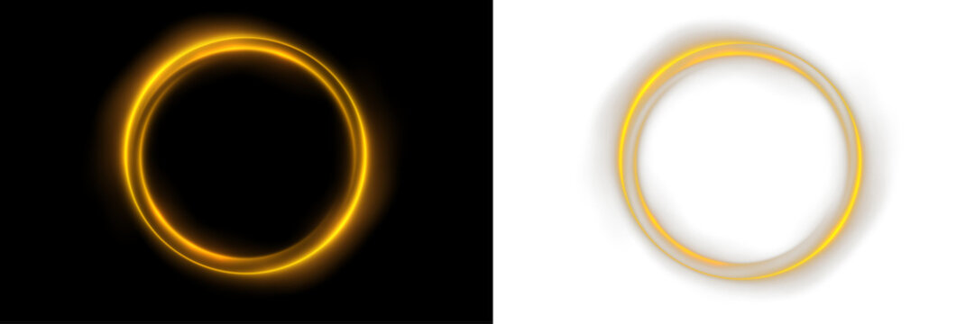 Elegant gold circle made from glowing light particles. Sparkling glitter dust forms a shining round frame. Decorative PNG overlay isolated on transparent background.