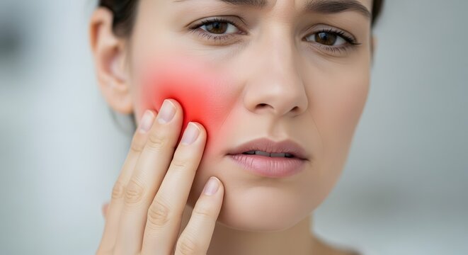 Dental health and toothache emergency care. Stomatology and oral hygiene awareness. Woman touching her swollen red cheek due to wisdom tooth pain or gum inflammation