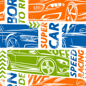 Urban style bright seamless design with sport cars. Sport extreme grunge print illustration for guys on white background.