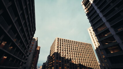 Naklejka premium lowangle city skyscrapers under moody sky. Sunlit facades and deep shadows create dramatic vertical perspective. Sequence shows architect sketching rooftop