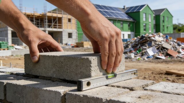 Construction worker carefully laying brick with level on building site with solar panels and new homes in background