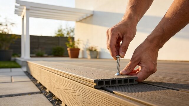 Hands installing a composite deck board with a screw, focusing on the DIY home improvement process