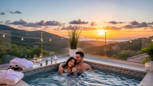 Romantic couple relaxing in outdoor hot tub at sunset