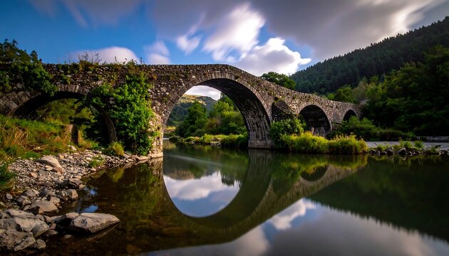 Stone arch bridge reflection ripples in water under a cloudy sky, with lush greenery on either side