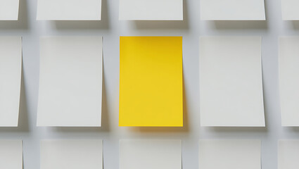 Fototapeta premium Bright Yellow Sticky Note Stands Out Amongst White Papers on Wall