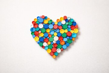 Colorful Heart Made of Plastic Bottle Caps Symbolizing Environmental Awareness and Love for Recycling and Sustainability