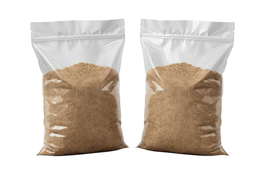 Two stand-up clear pouch bags with zipper locks storing brown powder, ideal transparent packaging mockup on background