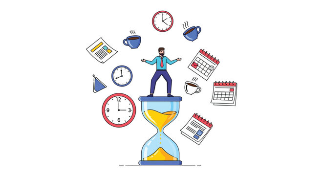 Businessman juggling tasks appointments coffee and time on hourglass symbolizing multitasking and deadline management