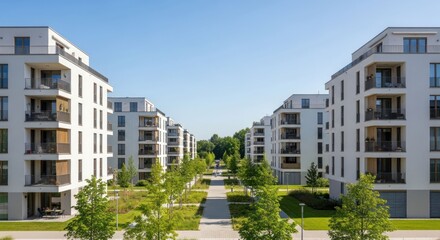Obraz premium Row of modern white apartment buildings with green trees and pathway