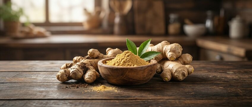 Exploring the health benefits of ginger root and powder rustic kitchen food photography natural setting close-up wellness and nutrition insights