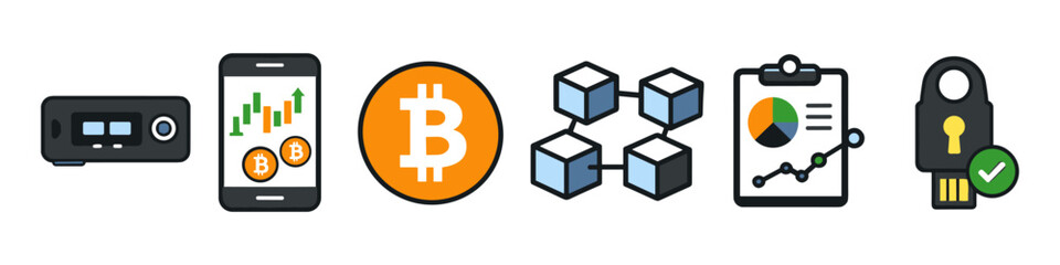 Digital currency security and investment tools including hardware wallet, trading app, and blockchain