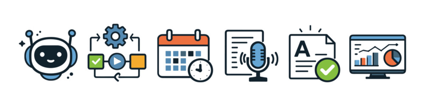 Set of icons representing automation, workflow, scheduling, voice recognition, and data analysis
