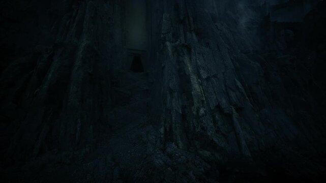 towering rock wall plunged in darkness, steep surface marked by faults and crevices, damp sheen catching minimal light, imposing scale with silent menace