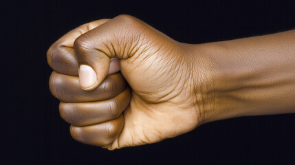 A close-up of a black man's clenched fist on a dark black background is a symbol of solidarity, resilience, and willpower.