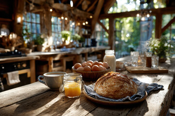 Fototapeta premium Rustic breakfast scene with bread, eggs, and coffee