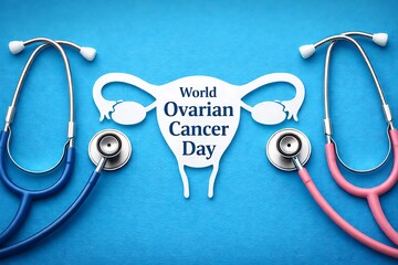 World ovarian cancer day stethoscopes and uterus symbol on blue
