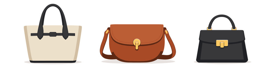 Plakat Collection of three stylish handbags in different designs and colors on a white background