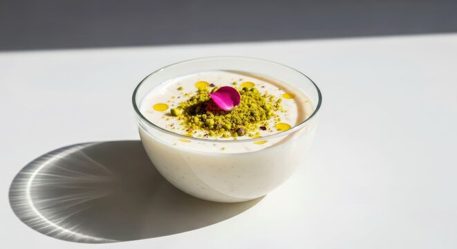 Refined Close-Up of Shir Berenj Creamy Afghan Rice Pudding Garnished with Pistachios