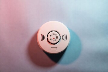 A white smoke detector is on a textured wall with colored lighting.