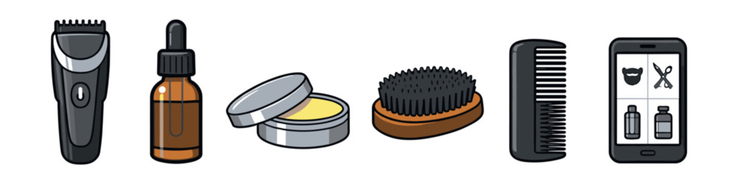 Grooming essentials for men: beard trimmer, oil, balm, brush, comb, and app