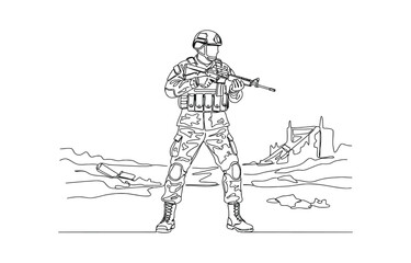 Single one line drawing female soldier stands with celebrate gesture, weapon and full uniform serving country with strength of military forces.