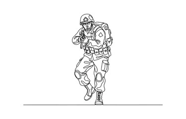 Fototapeta premium Single one line drawing female soldier stands with celebrate gesture, weapon and full uniform serving country with strength of military forces.