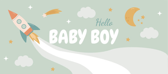 Fototapeta premium A bright banner for a newborn boy with a rocket, clouds, and stars.