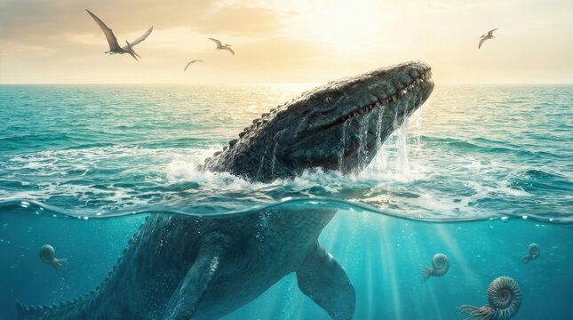 Mosasaurus marine reptile emerging from prehistoric ocean at sunset