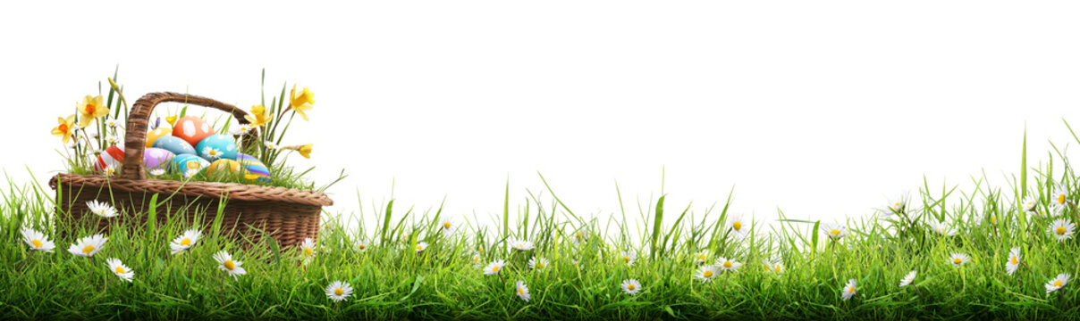 A wicker basket filled with flowers, grass and Easter Eggs that is sat in a grass meadow with daisies to celebrate a Happy Easter isolated on a transparent background.
