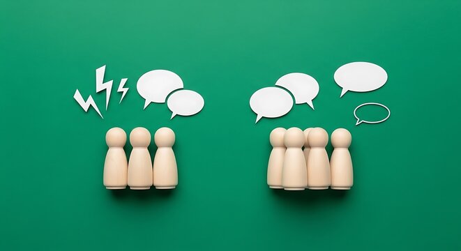 People discuss and argue in groups with speech bubbles on green background