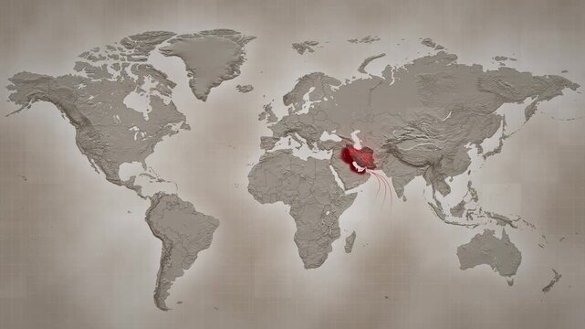 Animated map depicting airstrikes on Iran and retaliatory Iranian strikes on neighboring countries hosting US bases. Visualizing escalating conflict and military tensions in the Middle East