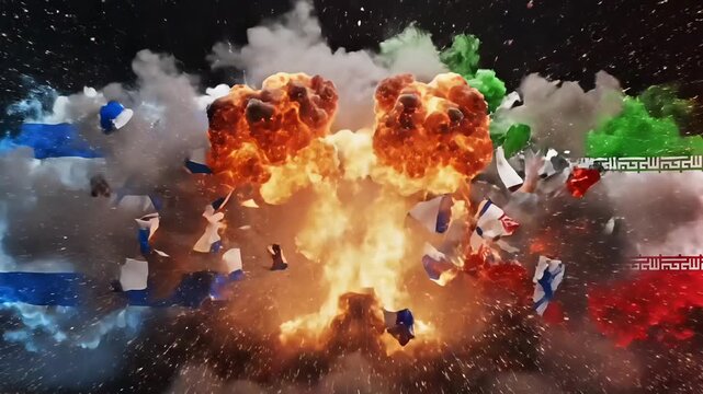 Dramatic geopolitical confrontation concept with Israel and Iran national flag clouds colliding in dark sky symbolizing rising conflict tension crisis