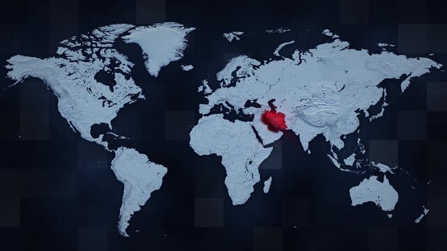 Animated map depicting airstrikes on Iran and retaliatory Iranian strikes on neighboring countries hosting US bases. Visualizing escalating conflict and military tensions in the Middle East