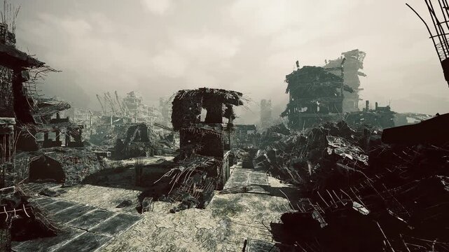 Ancient wrecks shadow broken earth. Dilapidated edifices rise above shattered ground scattered with corroded machinery and broken shelter remains
