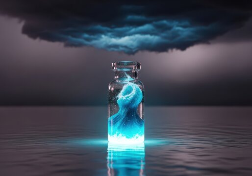 A small, glowing vial captures the essence of the vast blue ocean water under a dark, dramatic sky, representing ambitious theft, container, sea, power