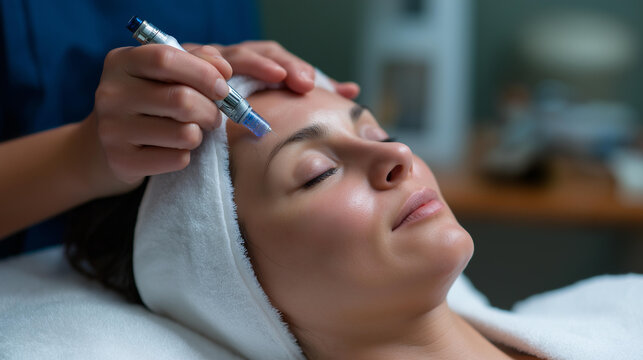 Professional microneedling facial treatment being applied to a woman's forehead with a microneedling pen for skin rejuvenation at a dermatology clinic, defocused background, with