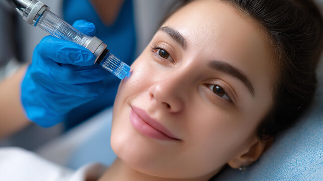Young woman receiving an electric microneedling pen facial therapy treatment for skin rejuvenation and anti-aging at an aesthetic clinic, defocused background, dermapen procedure