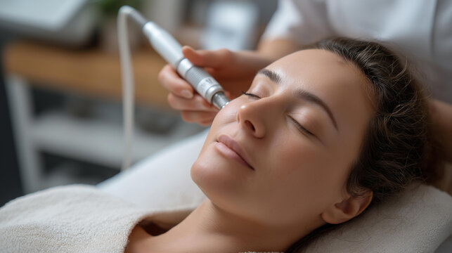 Young woman receiving an electric microneedling pen facial therapy treatment for skin rejuvenation and anti-aging at an aesthetic clinic, defocused background, dermapen procedure