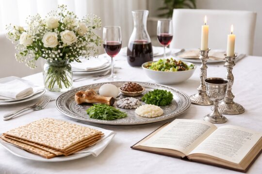 Passover Seder table arranged with matzah, wine, and traditional foods, complemented by a floral centerpiece and candles in a well-lit dining room