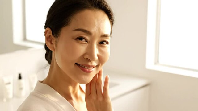 Asian woman applies skincare product on face in bathroom routine, promoting healthy and glowing complexion